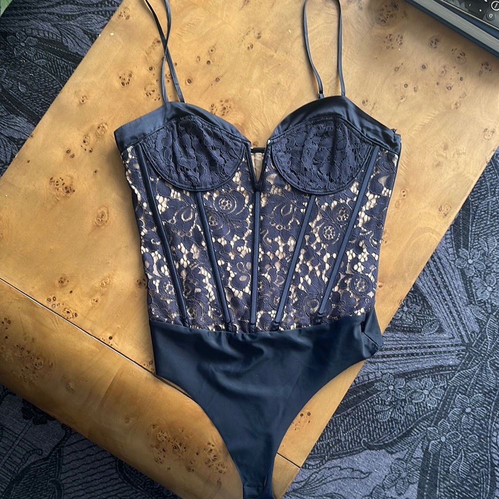 CAMI NYC Navy and Cream Lace Bodysuit